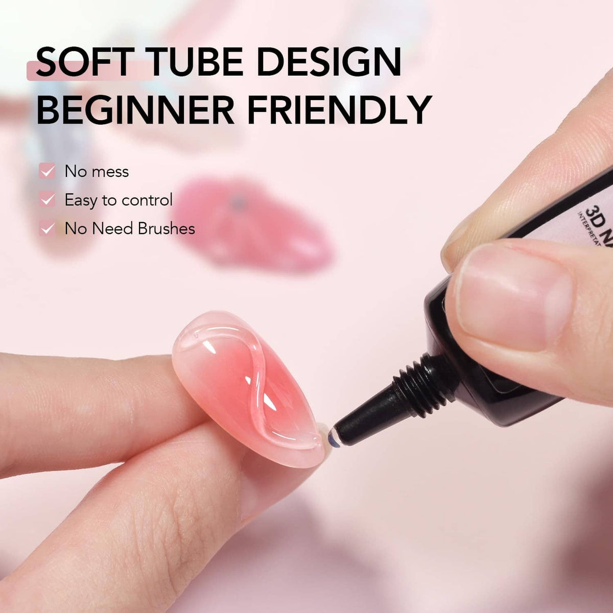3D nail gel application on a glossy pink translucent nail with a black gel tip applicator