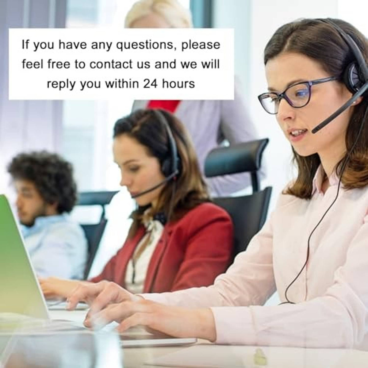 Plastic cap fitting help contact graphic with headset customer service agents (product not shown)