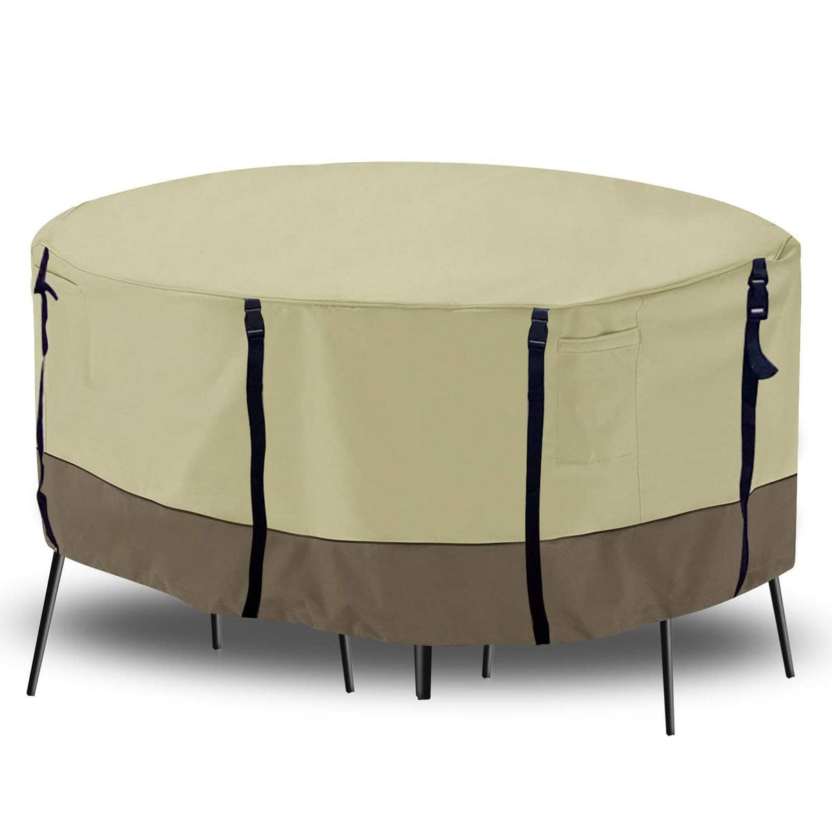 Beige round patio table cover with black trim and buckle-style securing straps