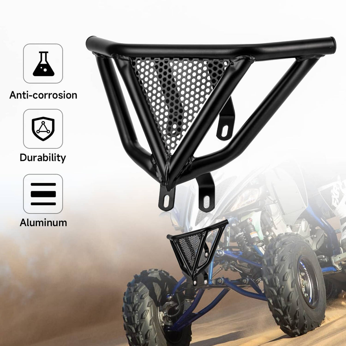 Black ATV front bumper guard with perforated mesh center and curved top bar