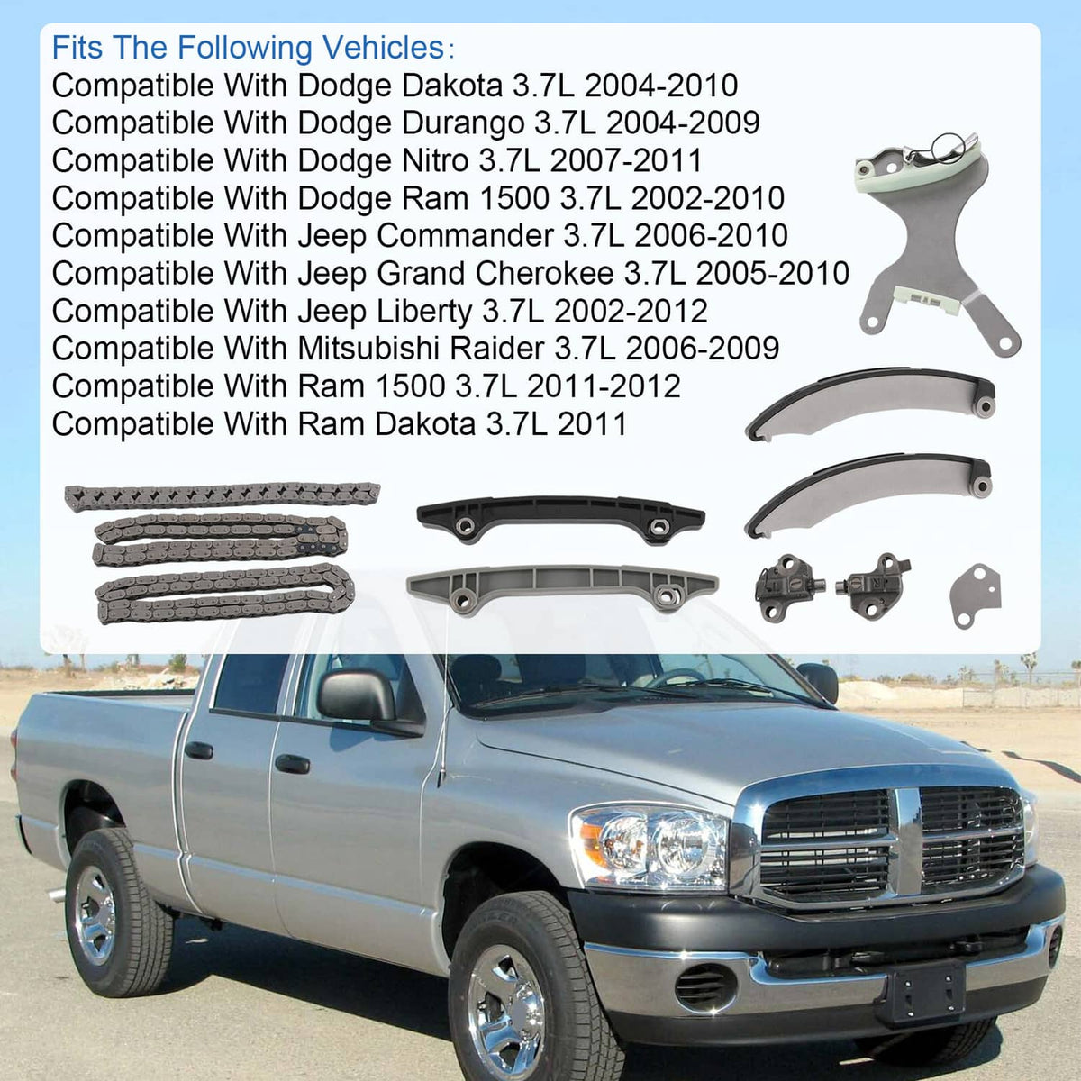 Timing chain kit with chains, guide rails, tensioners, and brackets next to a pickup truck