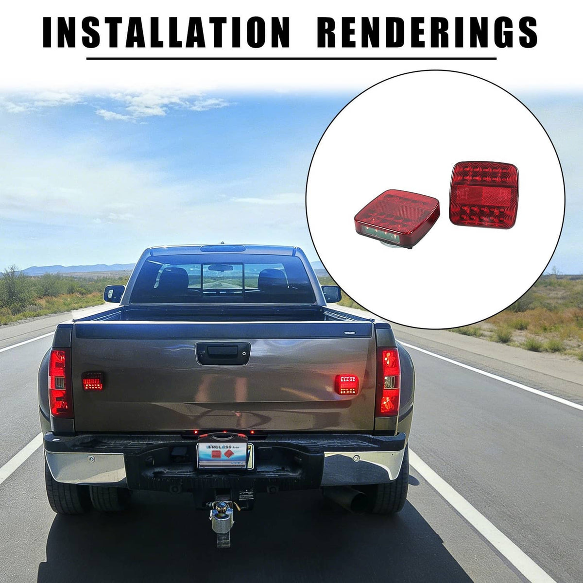 Two red square LED tail lights installed at a truck rear, wireless magnetic kit