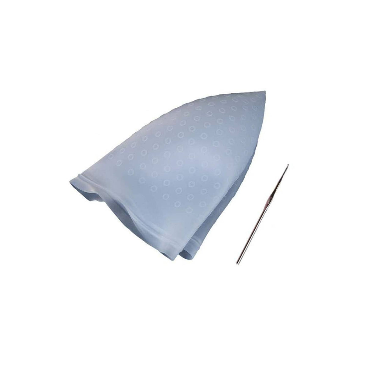 Light blue hair coloring cap piece with dotted perforations and included needle