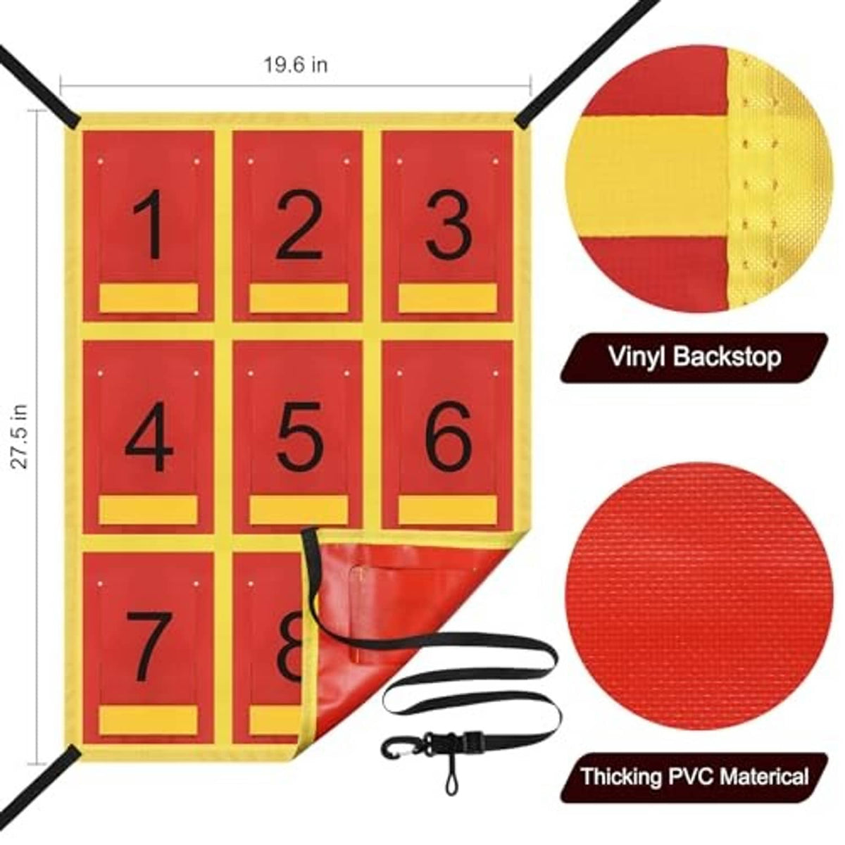 Red and yellow 3x3 strike zone target panel with measuring size and PVC backing