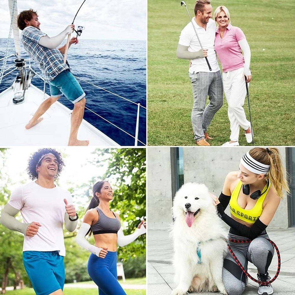 UV cooling arm sleeves worn on forearms by athletes and a pet owner