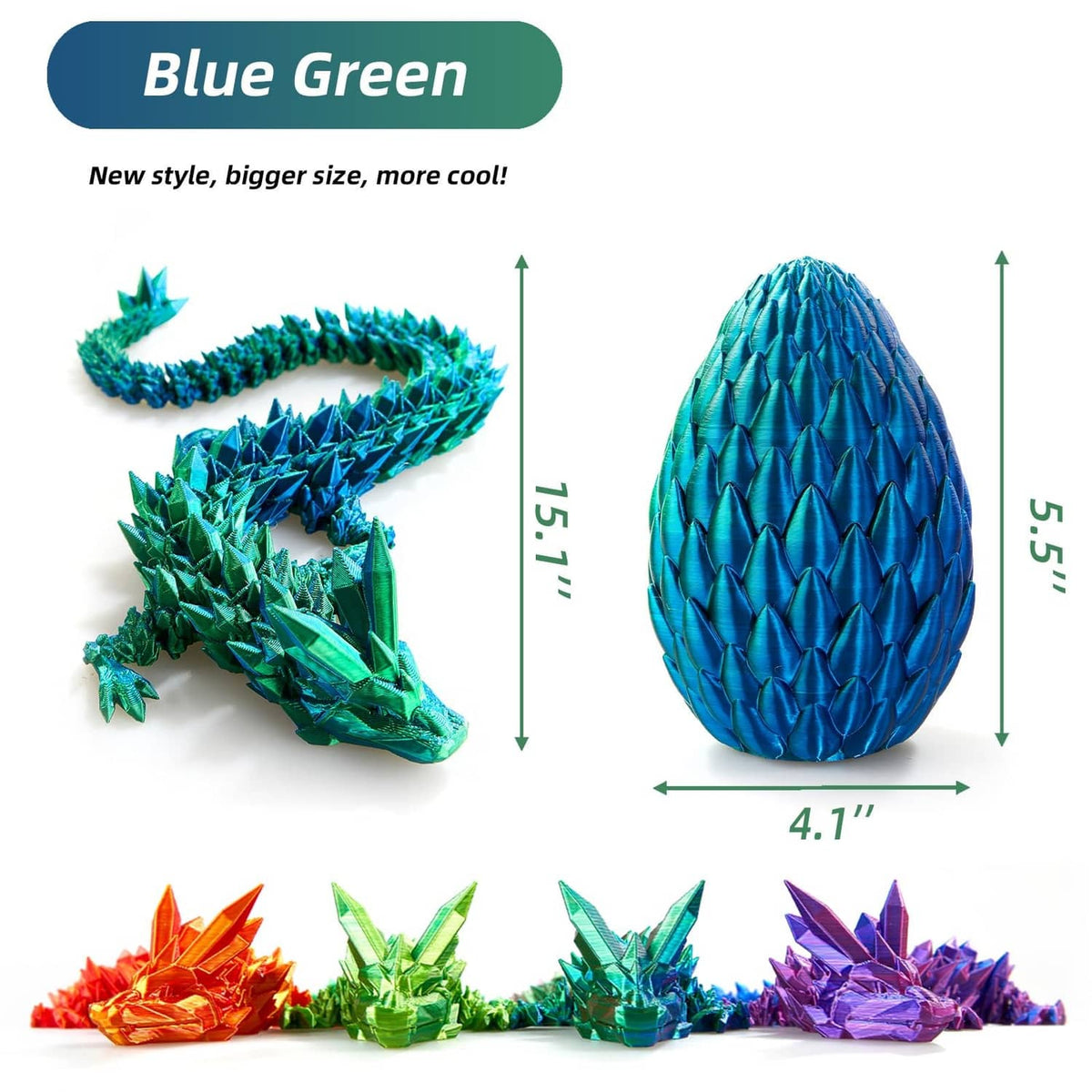 Blue green dragon egg figurine with faceted scale texture and spiky crystal base