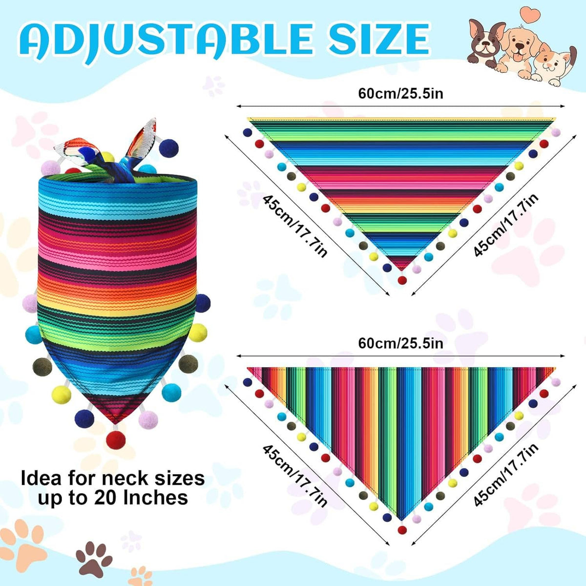 Set of two multicolor striped Mexican-style dog bandanas with pompom edge trim