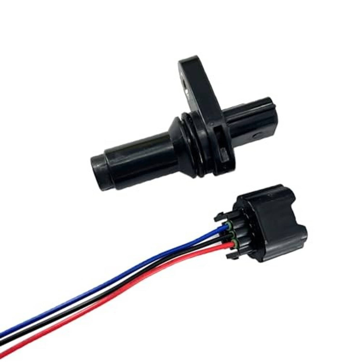 Crankshaft position sensor with black body and blue/red wire harness with connector
