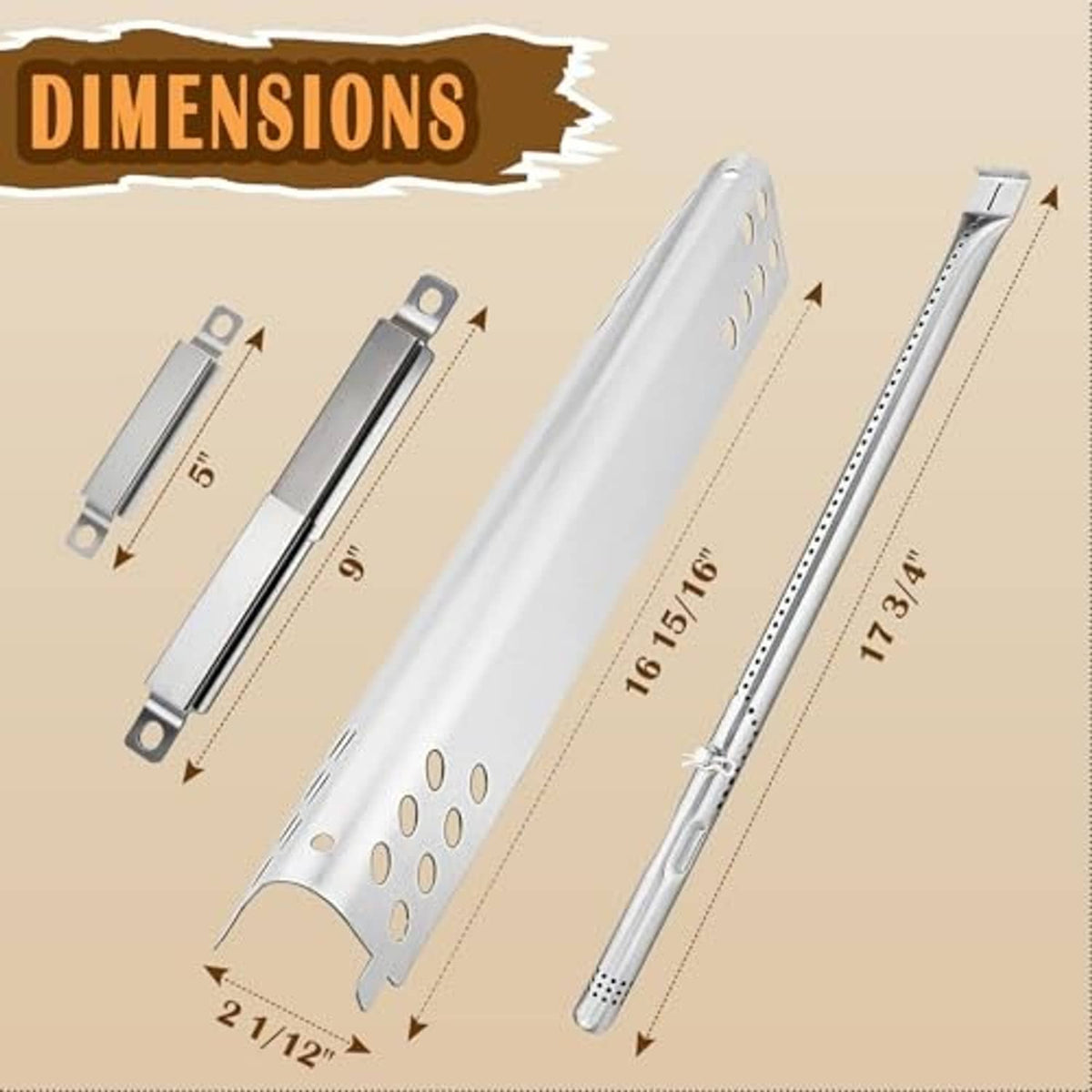 Stainless steel burner and heat plate replacement parts with size dimension arrows