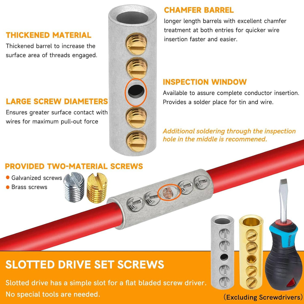 Screw-type wire butt connector barrels with tinned brass inserts and inspection window detail