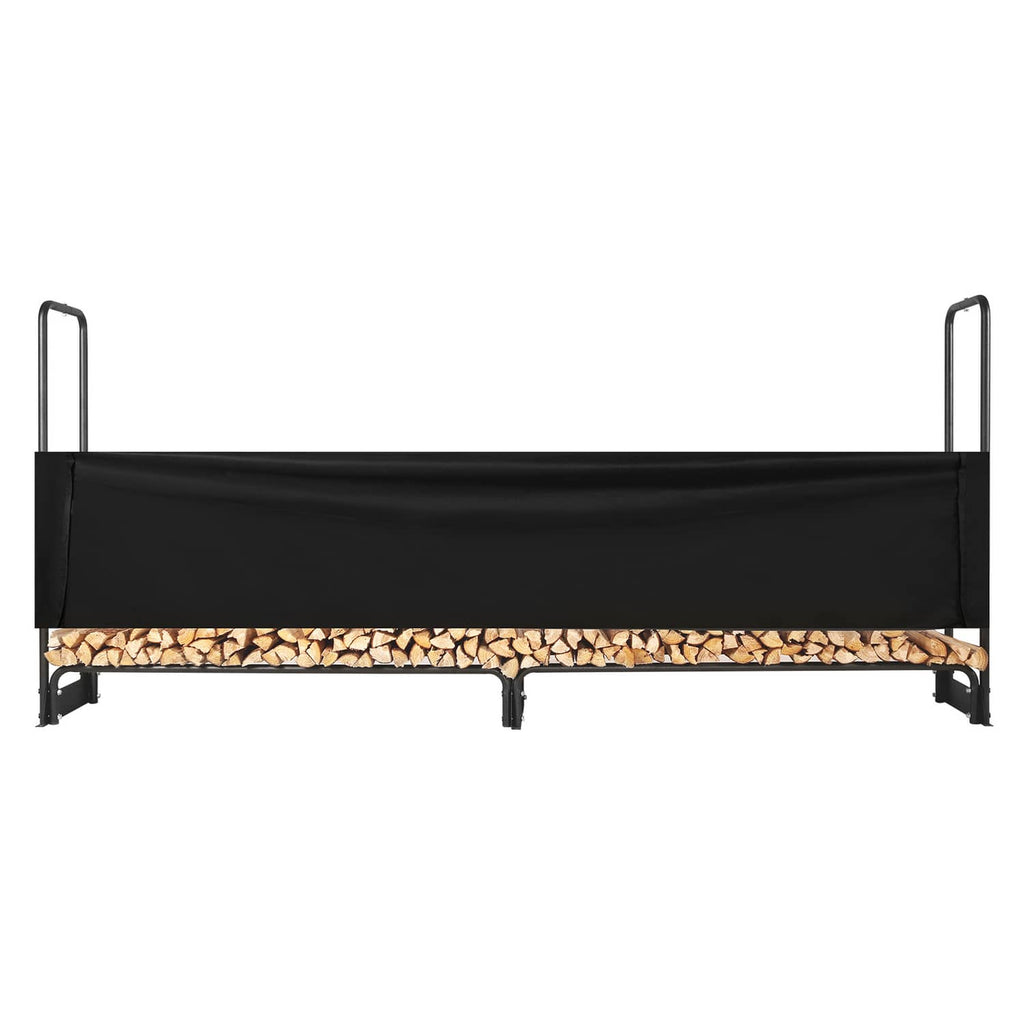 Outdoor firewood rack with black cover and metal legs, stacked logs visible