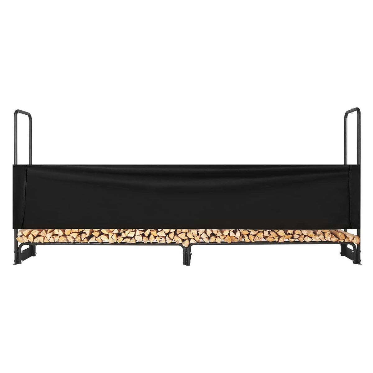 Outdoor firewood rack with black cover and metal legs, stacked logs visible