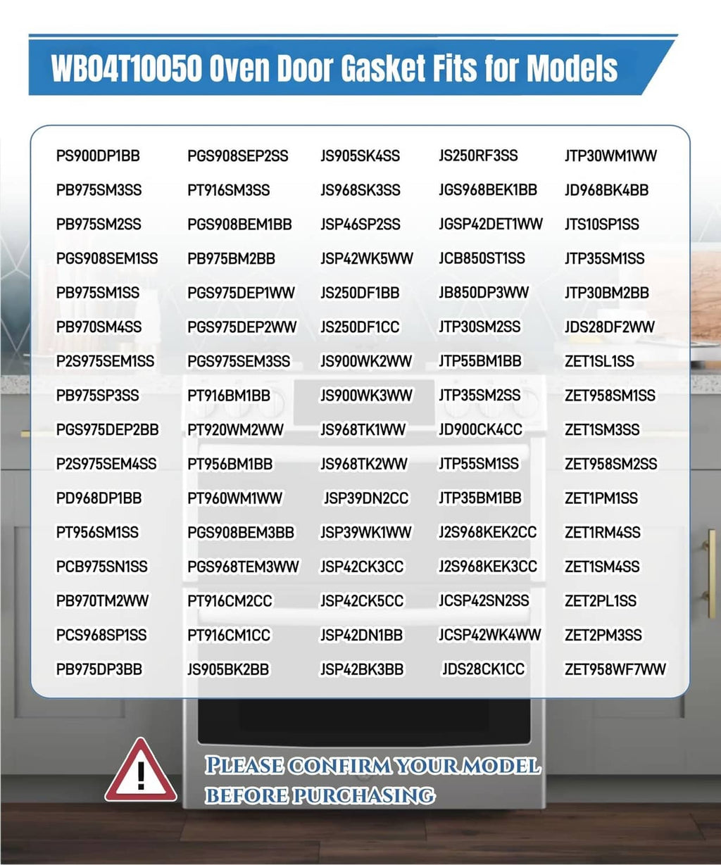Range oven door gasket with mounting clips on compatibility chart