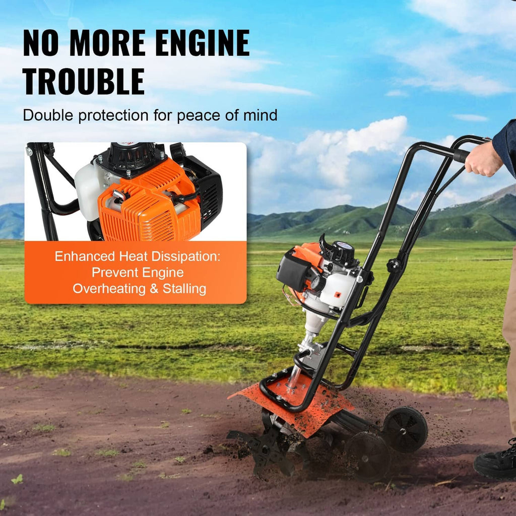 Orange and black gas tiller cultivator with protective engine shroud and front tines