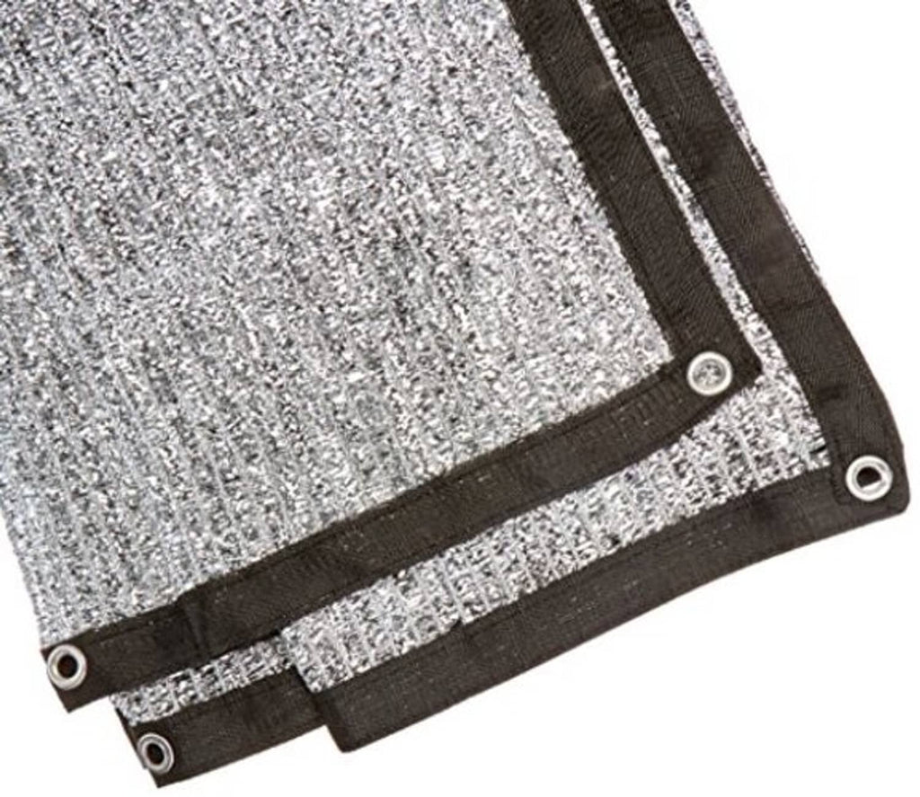 Grey mesh shade sail with black edge webbing and metal grommets