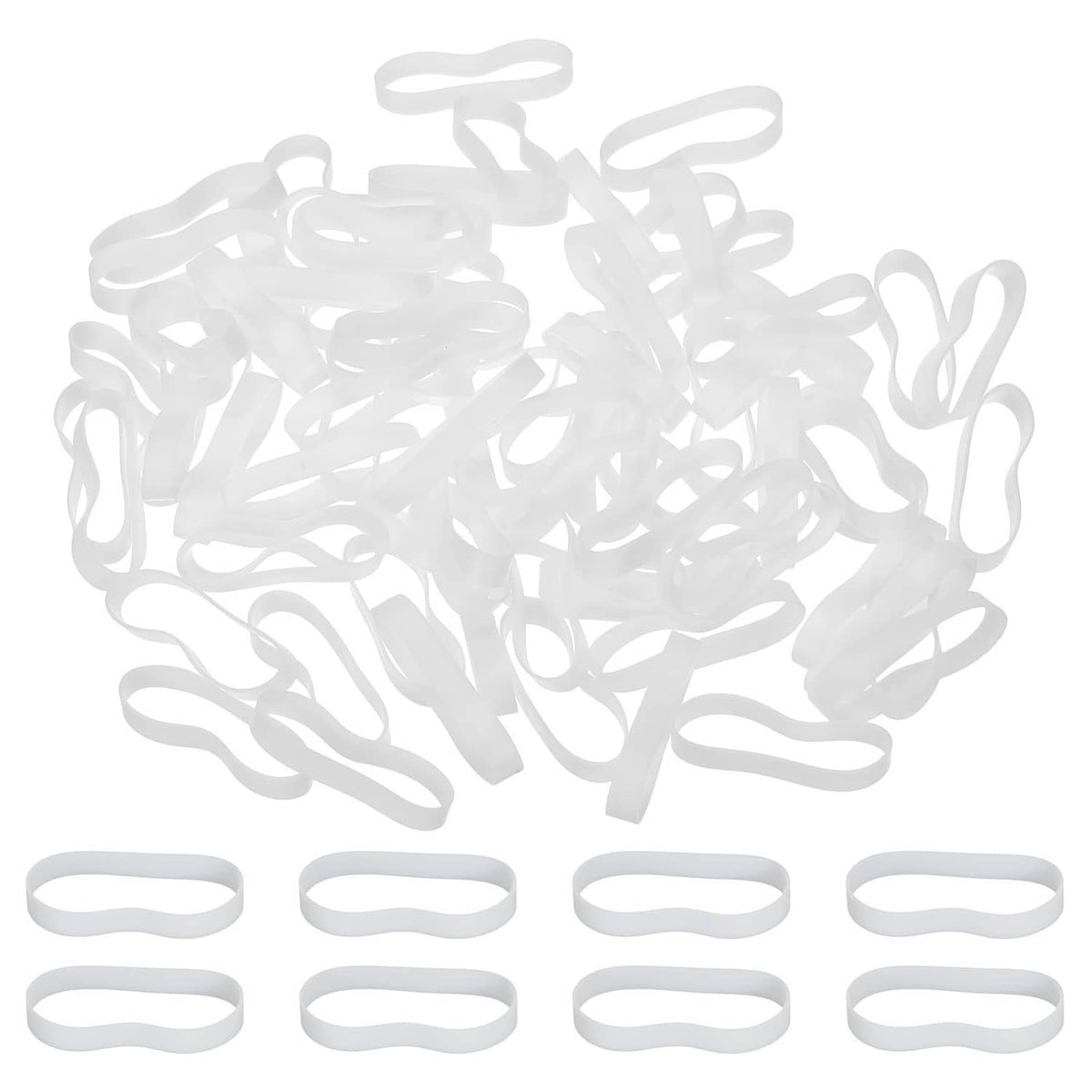 Flat white silicone cable tie rubber bands, assorted loop bands in a bundle