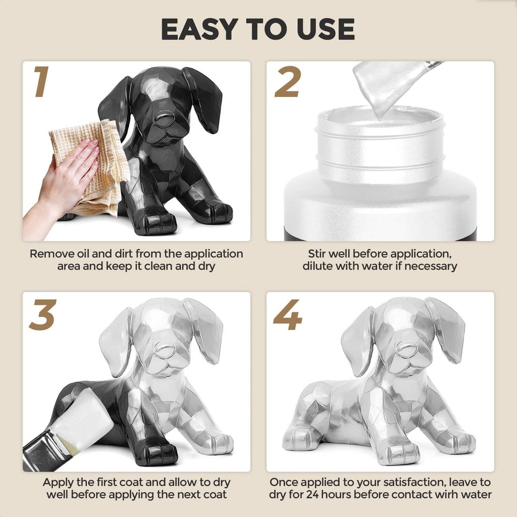 Metallic white acrylic paint application steps on surface and small figurine