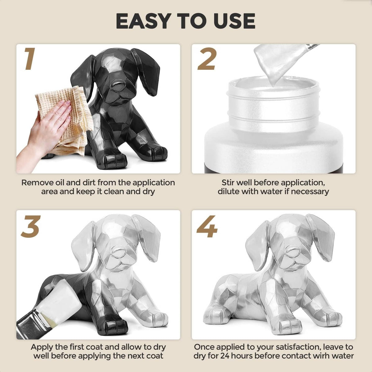 Metallic white acrylic paint application steps on surface and small figurine