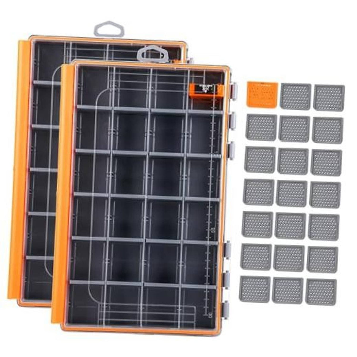 Orange fishing tackle box with gray divided waterproof trays, hinged lid open
