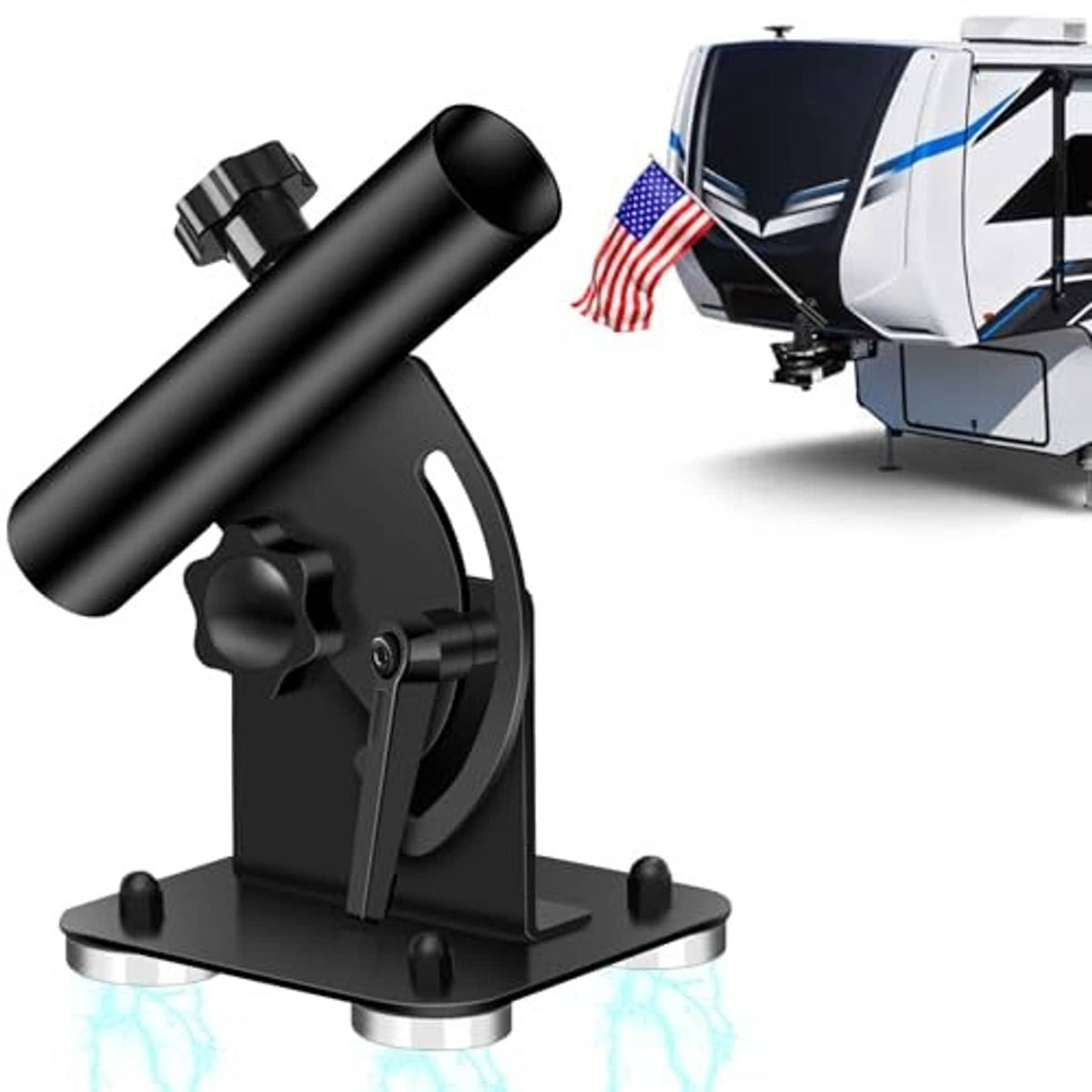 Black magnetic RV flag pole holder with angled mounting bracket and studs