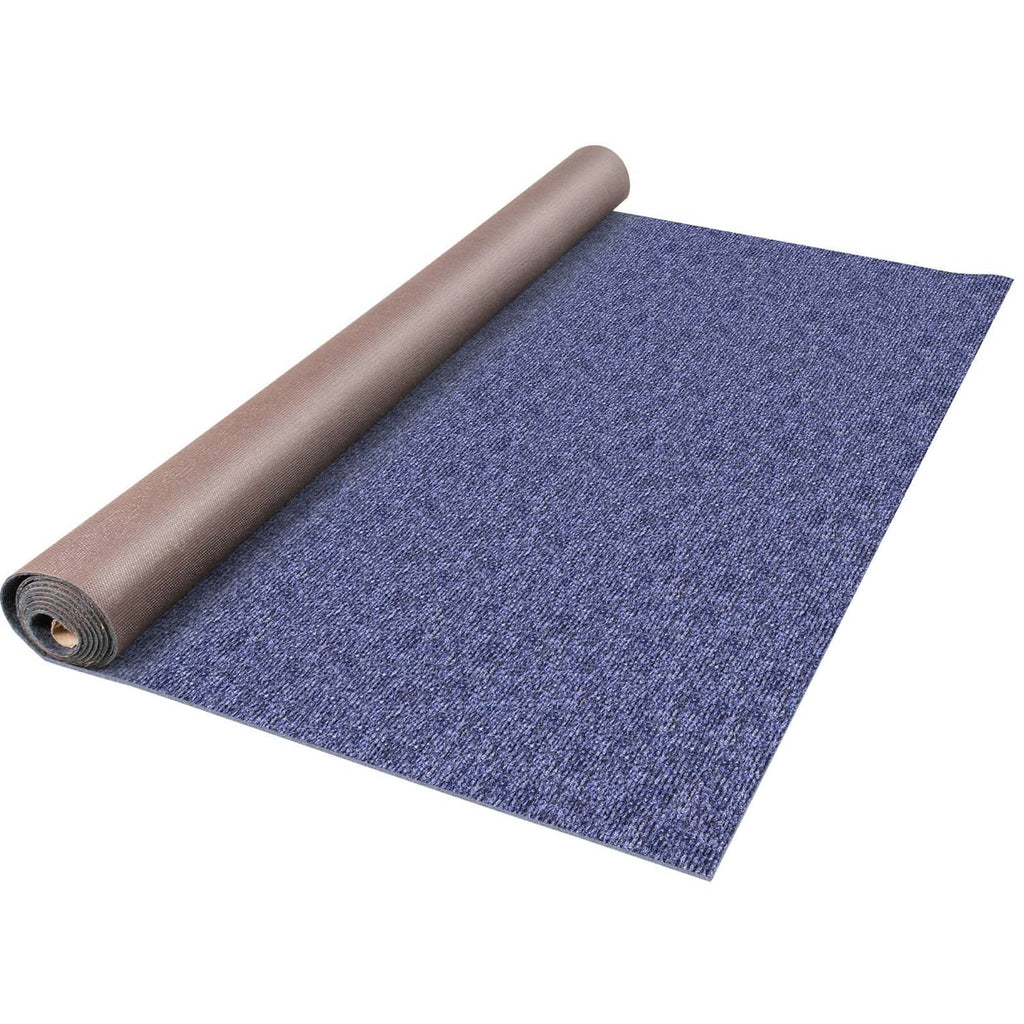 Blue marine carpet rug roll with brown backing, textured cut-pile surface