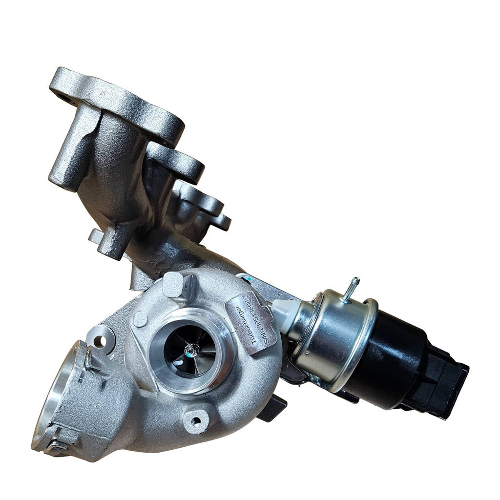 Turbocharger with silver cast housing and black intake pipe, side view