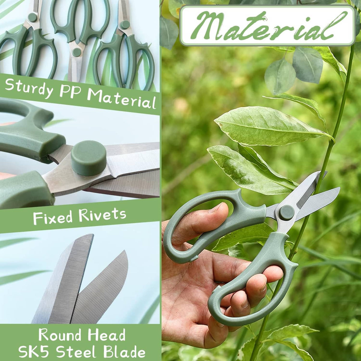 Mint green flower shears with round steel blades, close-up