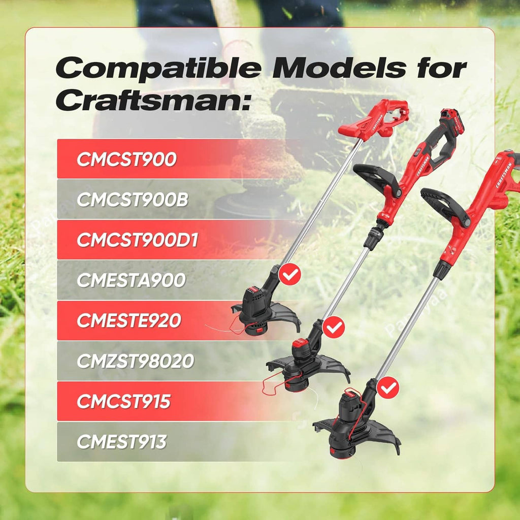 Compatible weed wacker string spool line in red with white filament, shown with power trimmer