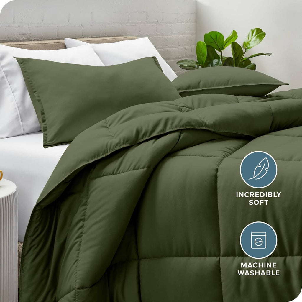 Cypress green comforter with pillow shams, box quilting and smooth fabric surface