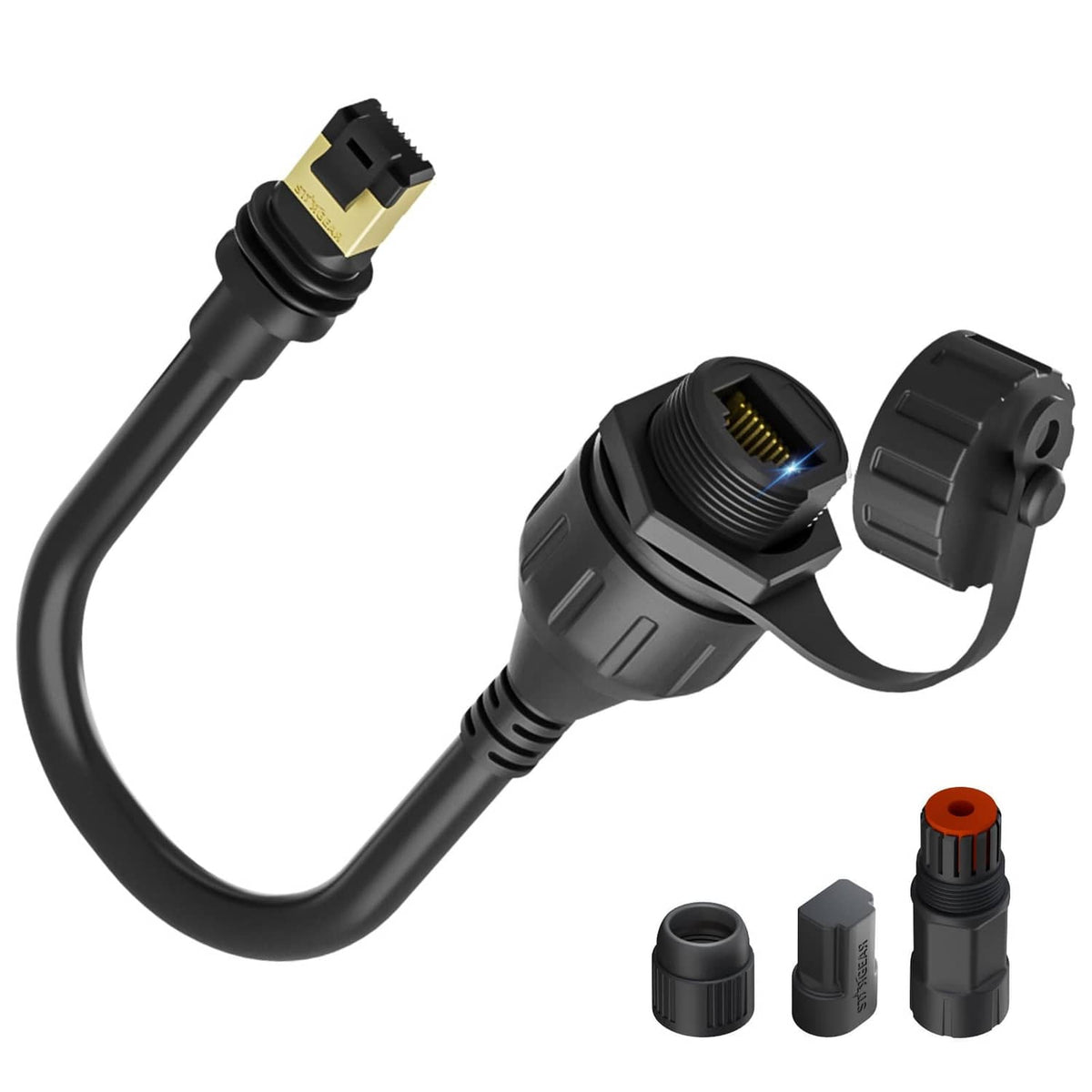 Black RJ45 Ethernet adapter cable with gold connector and molded strain relief