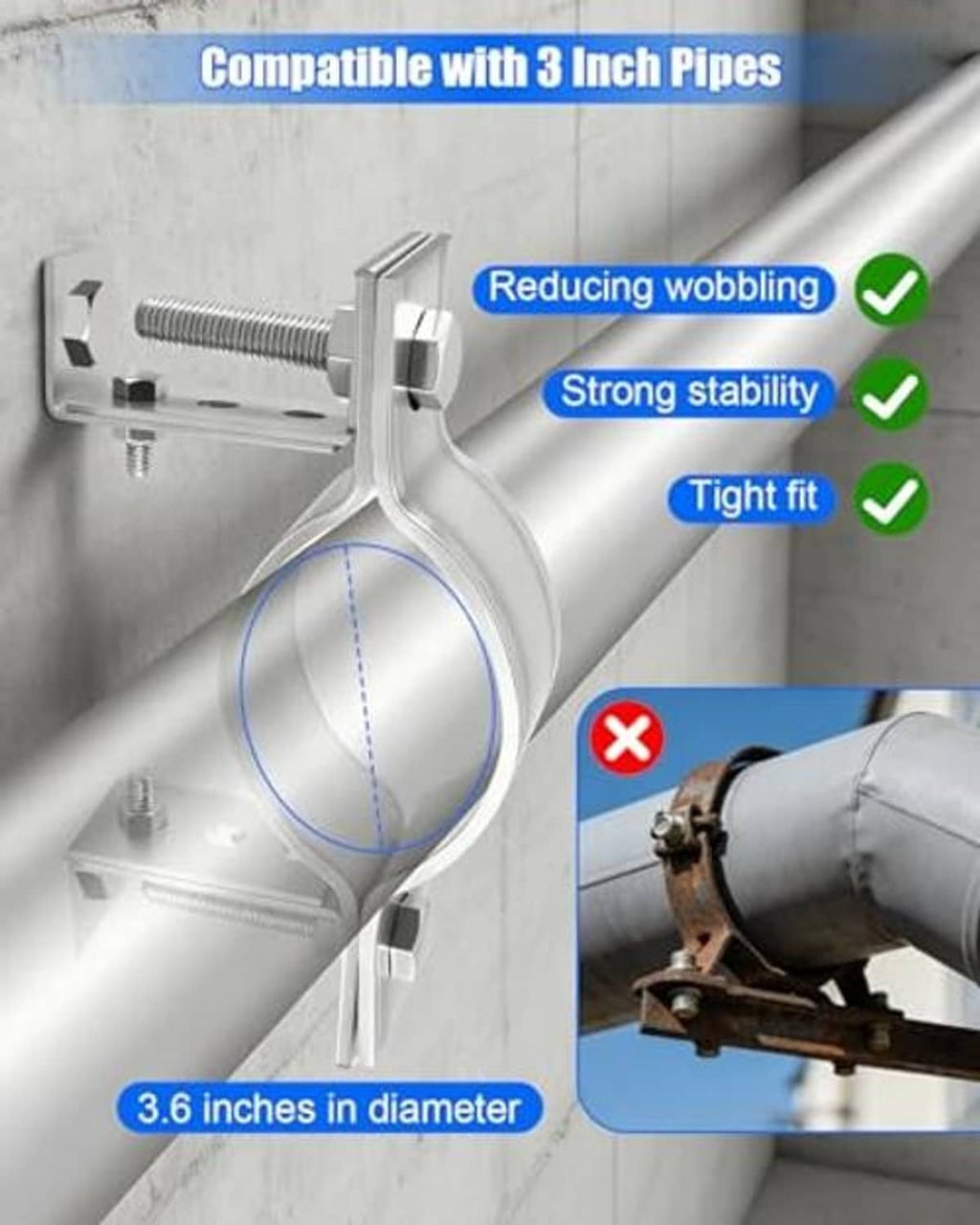 Adjustable split-ring wall bracket clamping around a 3-inch vent pipe, gray metal