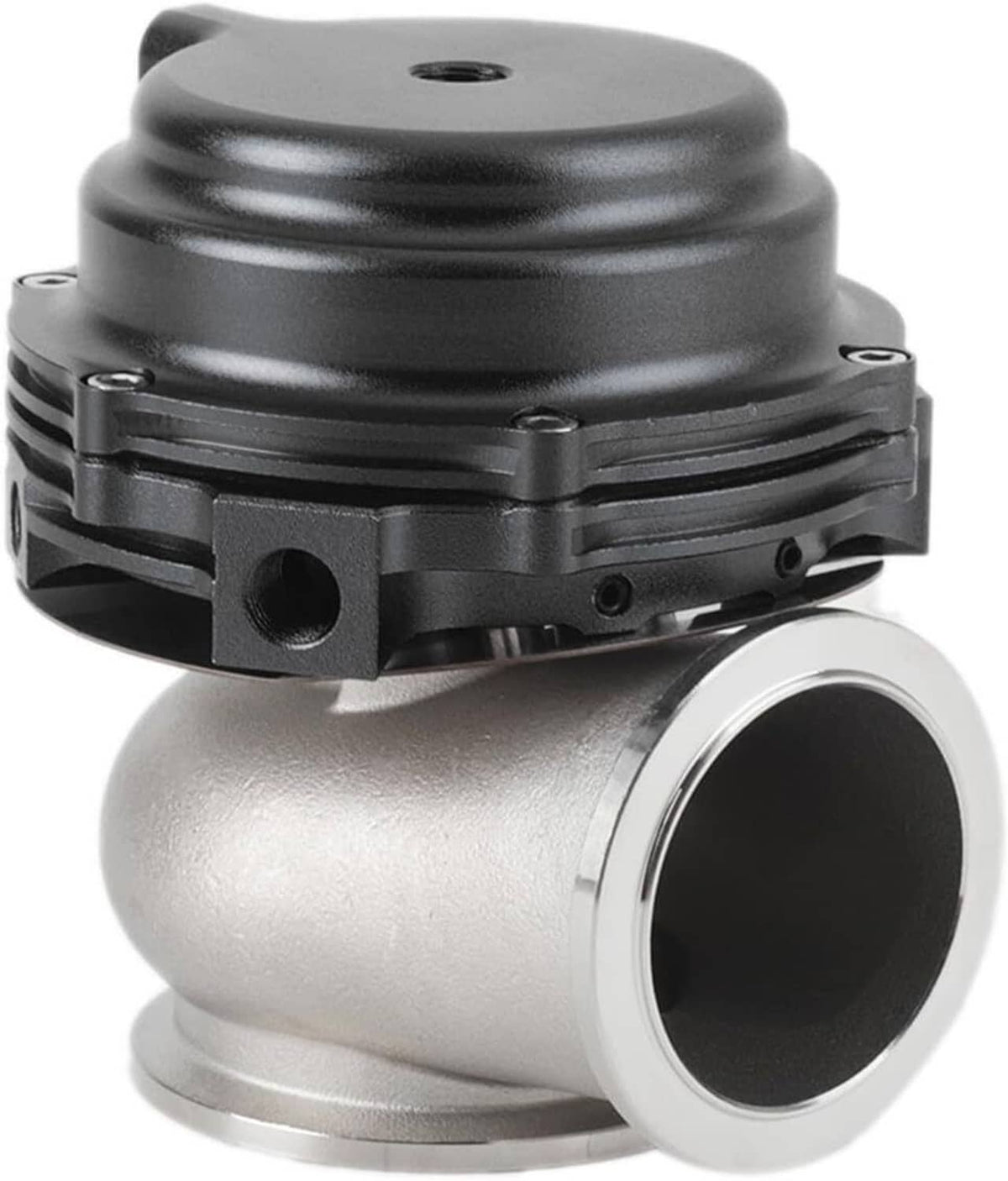 44mm external turbo wastegate with black actuator housing and silver V-band flange