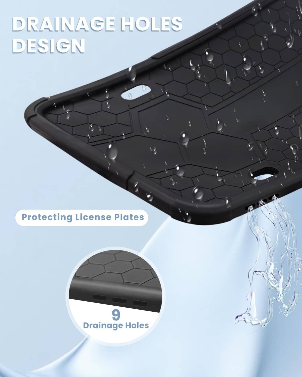 Black silicone license plate frame corner with drainage holes and water runoff