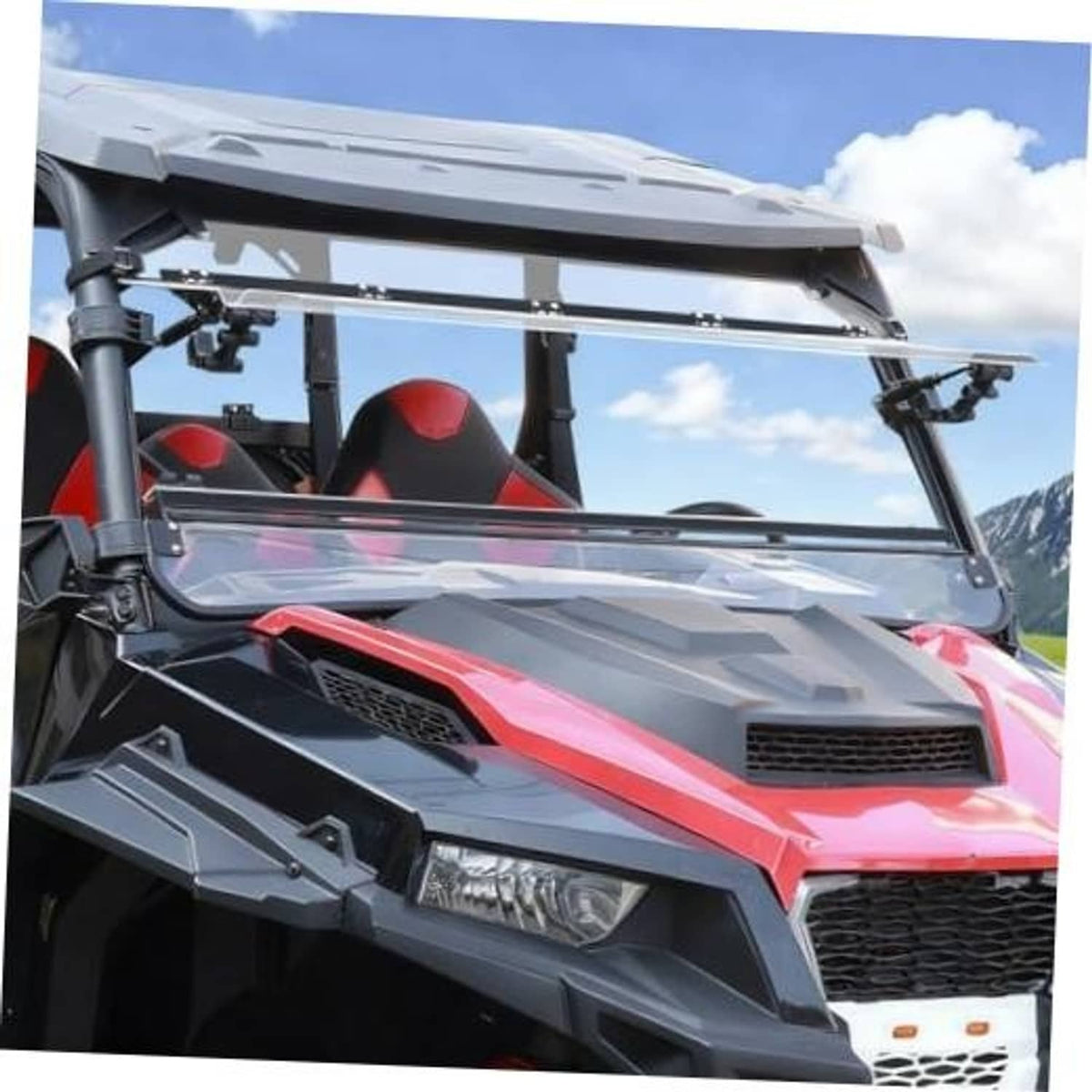 UTV front flip-up windshield with clear panel and black mounting hardware