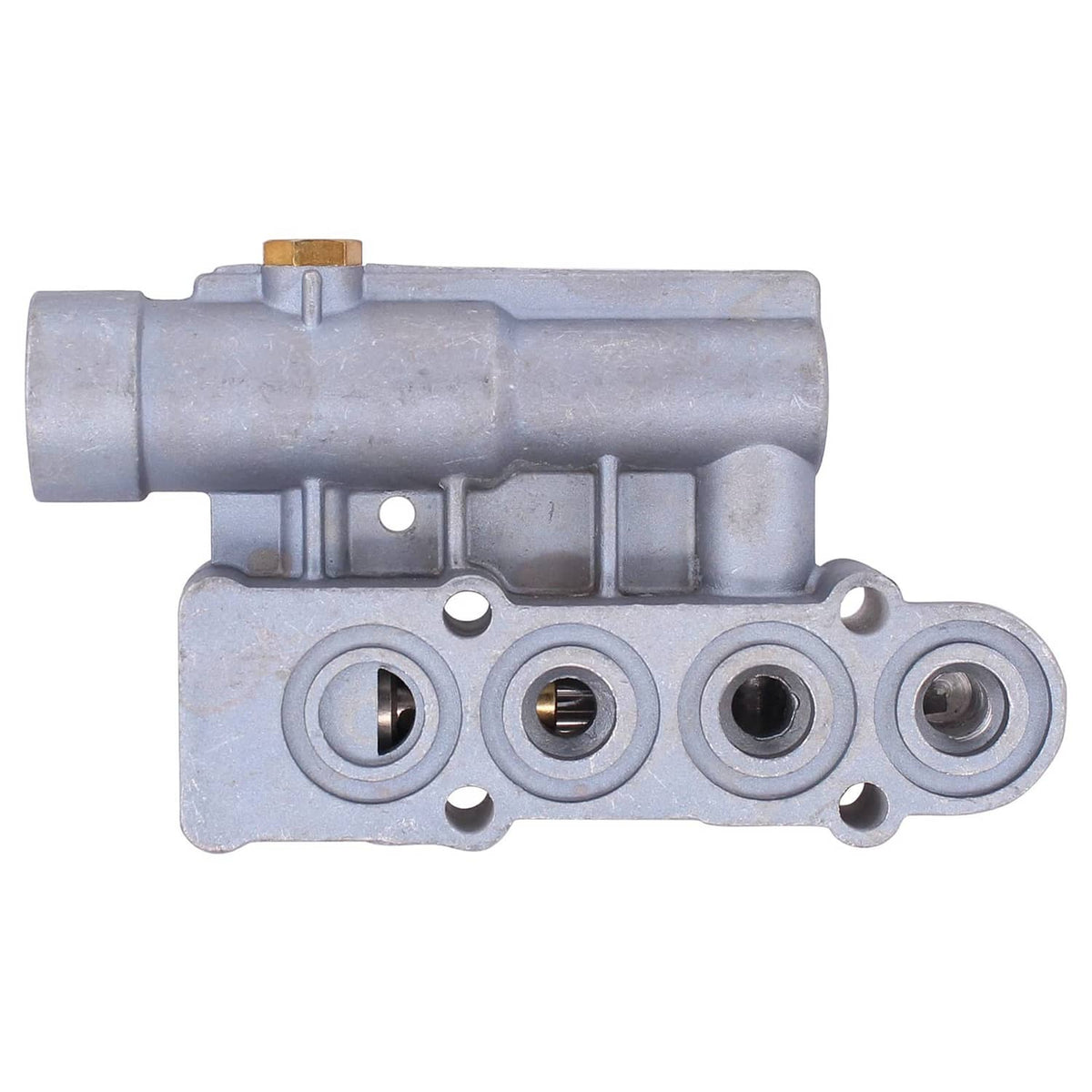 Pressure washer unloader manifold body with multiple ports and brass fitting on grey housing