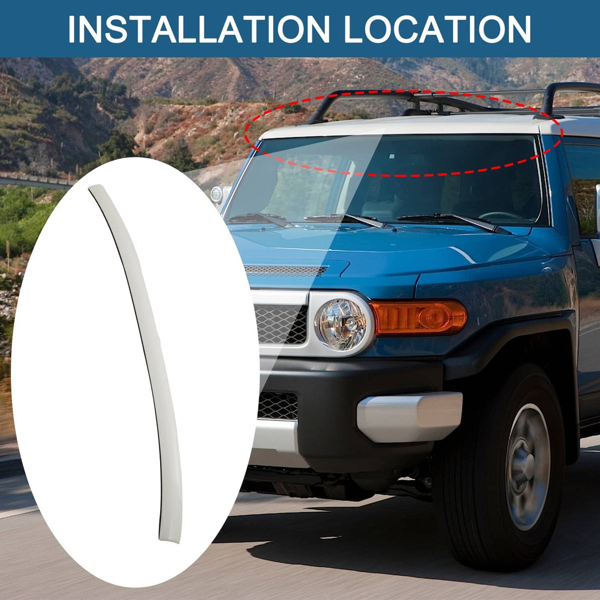 Front windshield upper reveal molding, light gray curved trim for windshield edge