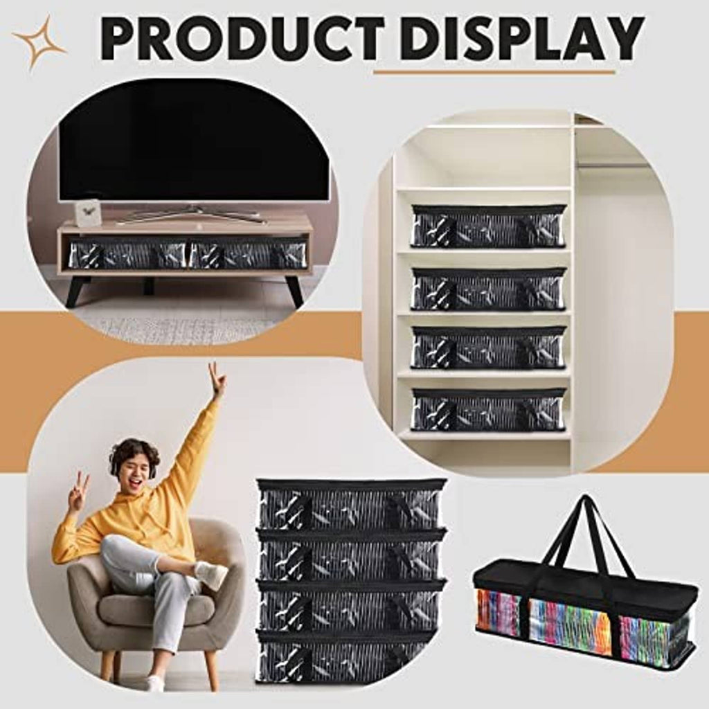 Stack of black CD storage bags with clear PVC windows and rainbow-striped sides
