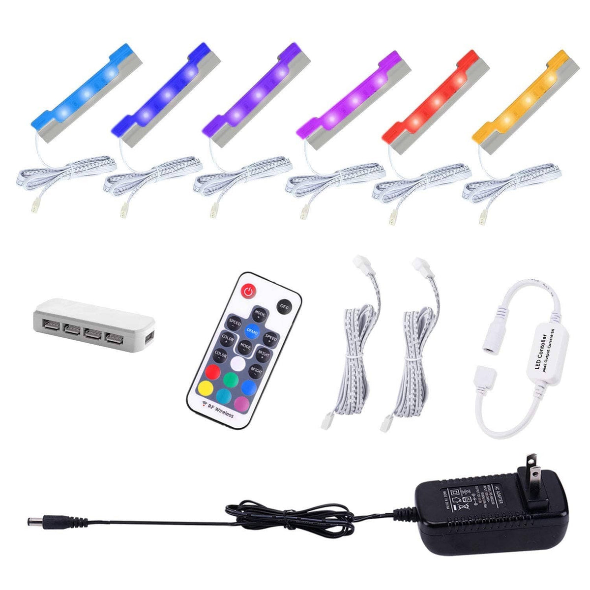 LED shelf light kit with multicolor strips, controller remote, and power adapter