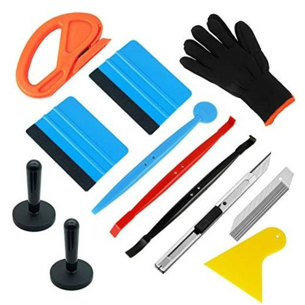 Window tint install tool kit: orange handle squeegee, blue scrapers, black glove