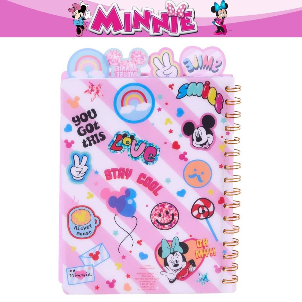 Minnie Mouse spiral notebook back cover with colorful rainbow pattern and icons