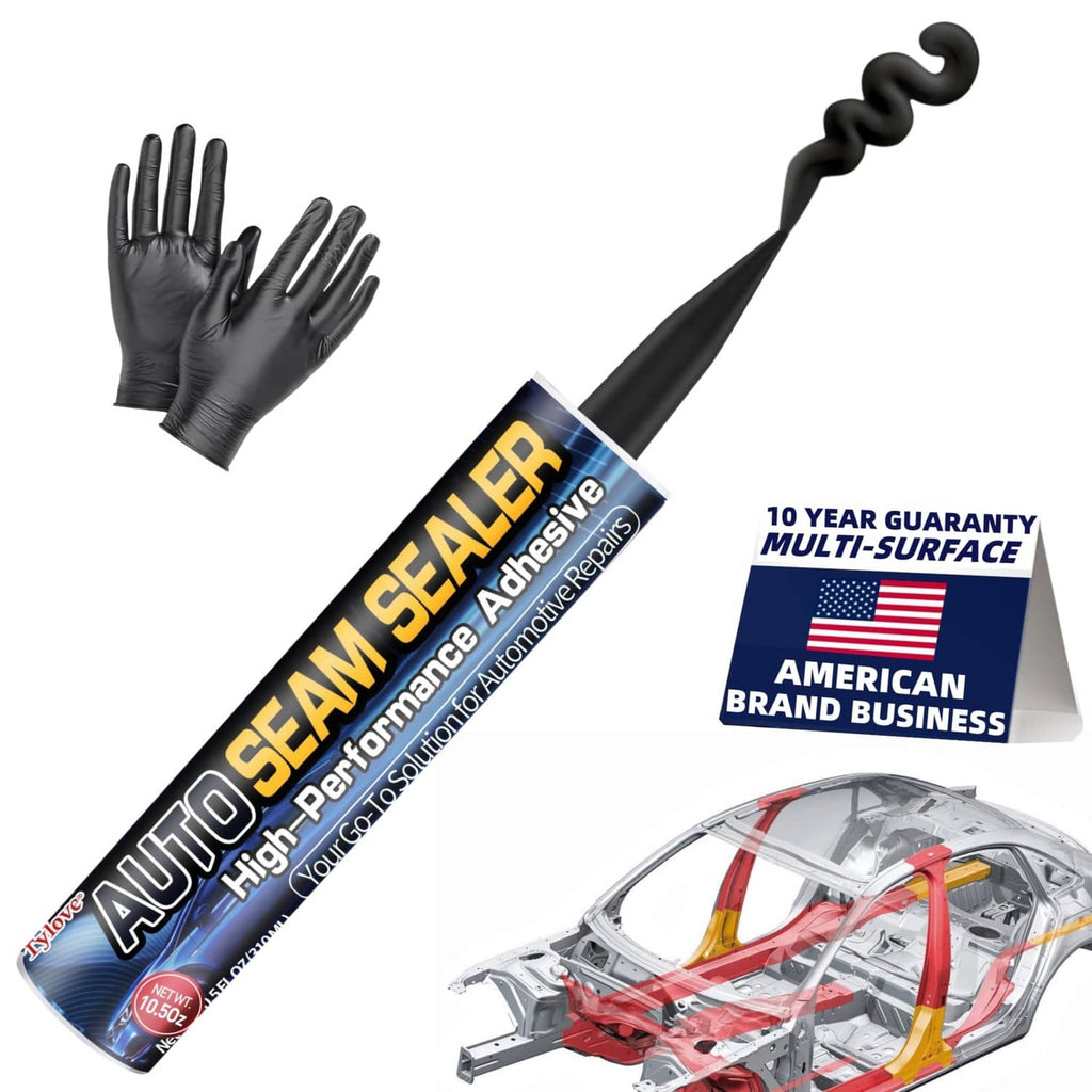 Black auto seam sealer tube with pointed nozzle and capped applicator