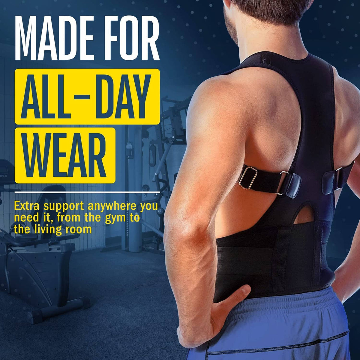 Black posture corrector brace with adjustable straps on a man’s back over a dark tank.