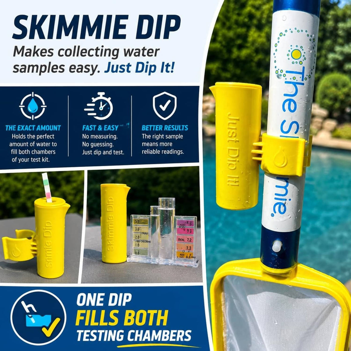 Yellow Skimmie dip tester with blue handle and clear testing chambers on ledge.