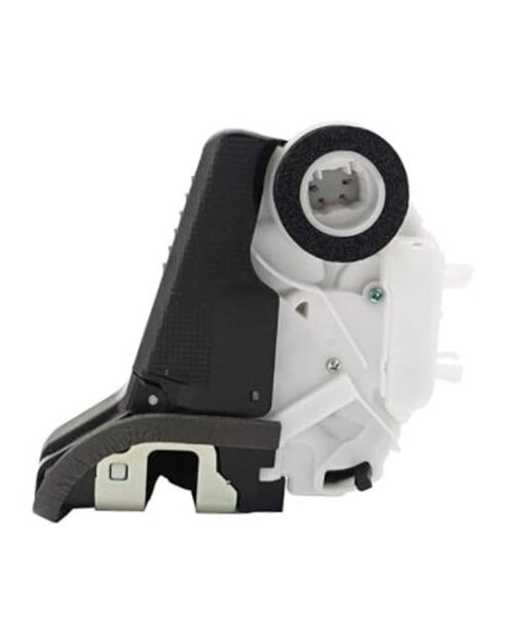 Rear passenger door lock actuator with white housing and black latch linkage