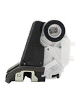 Rear passenger door lock actuator with white housing and black latch linkage
