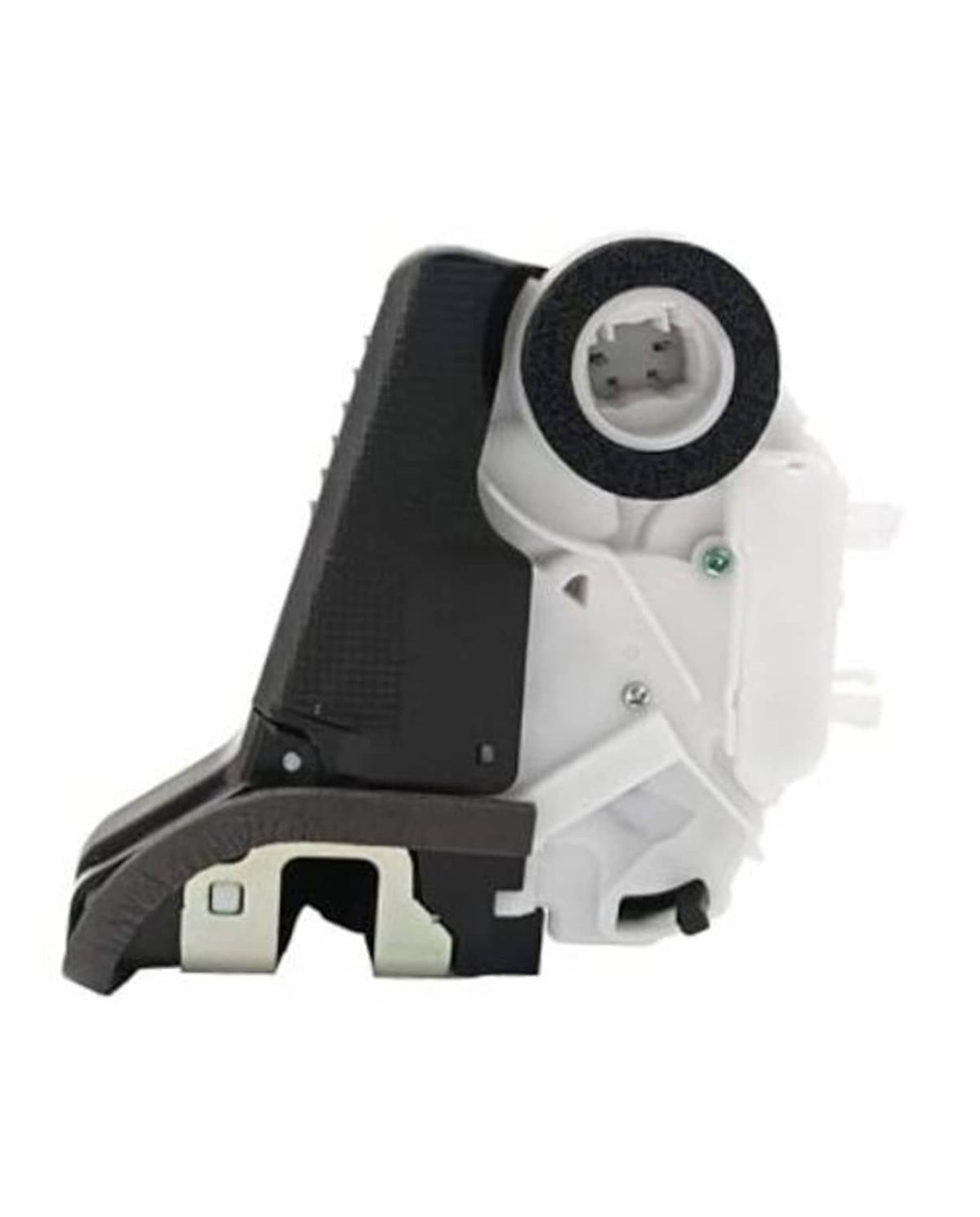 Rear passenger door lock actuator with white housing and black latch linkage