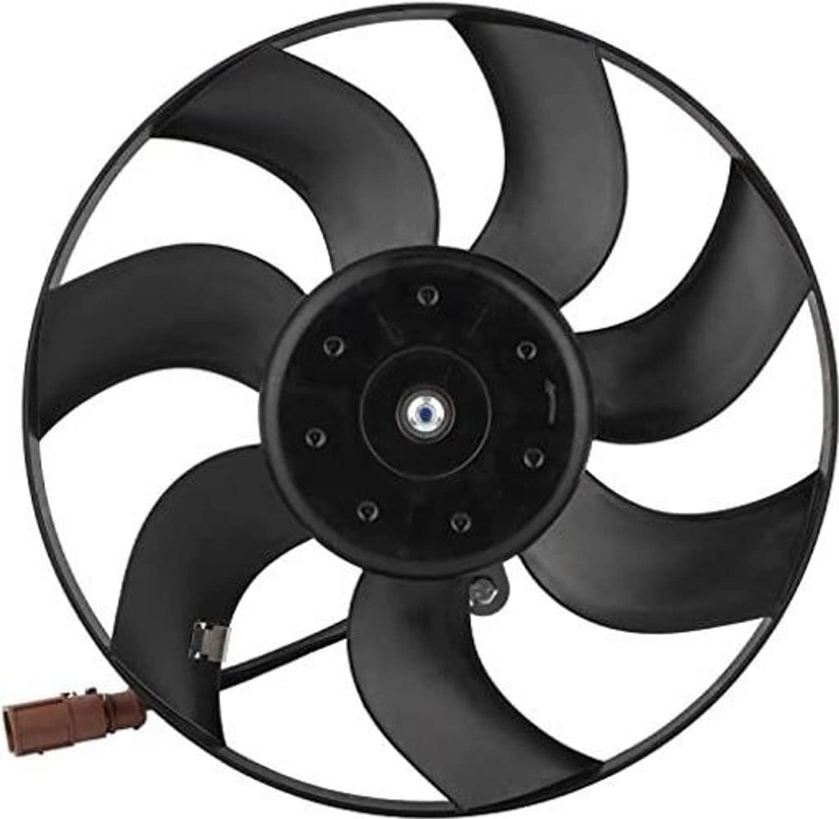 Black radiator cooling fan assembly with 4 blades and blue-centered hub fasteners
