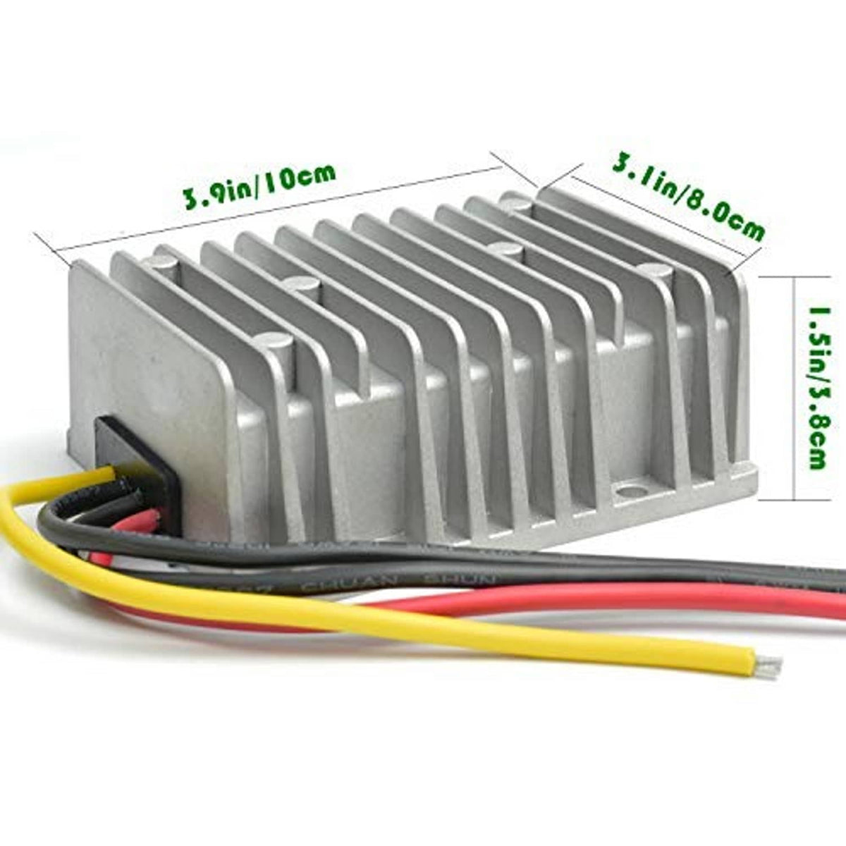 DC step-down converter with finned metal body and color-coded wiring at the side