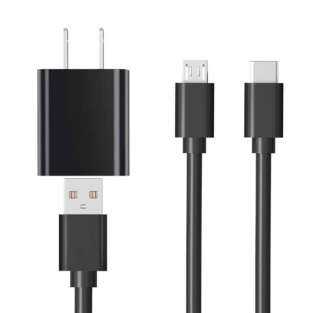 Black 10W USB tablet charger with two-prong wall plug and USB cable connector