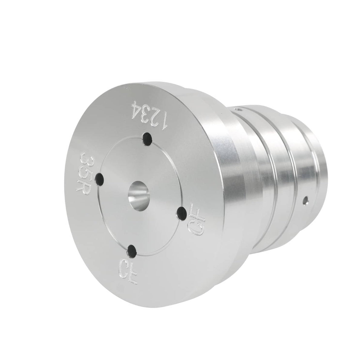 Metal drum tester flange plate with stud holes and engraved scale markings, angled view